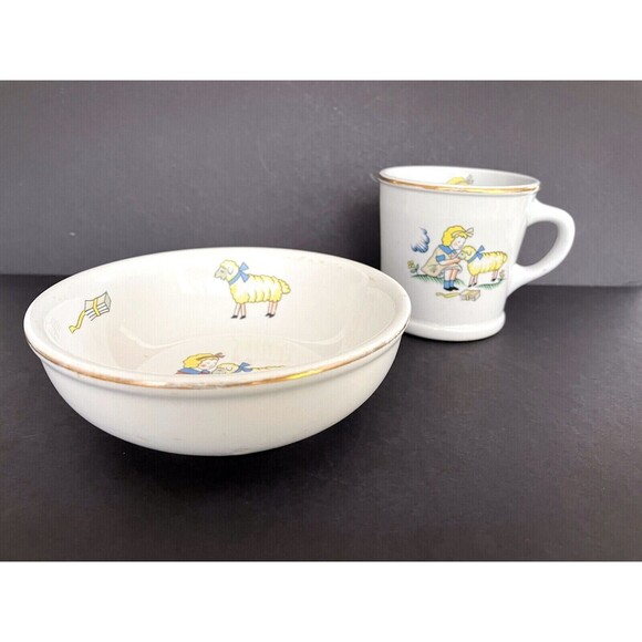 Vintage Buffalo Pottery Heirloom China Childs Mug & Bowl Mary Had a Little Lamb - Picture 2 of 12